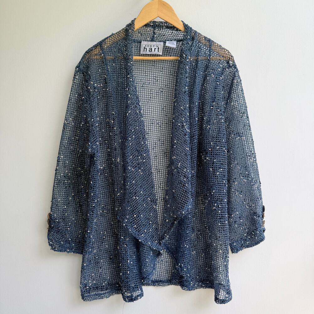 Keren Hart Mesh Knit Cardigan Open Front Sheer Draped Sweater Layering Shrug XL